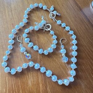 Pearl Crystal Gold Beaded Necklace Bracelet Earrings